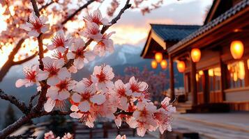 Stunning Pink Almond Blossom Branches at Sunset Asian Style Building Background photo