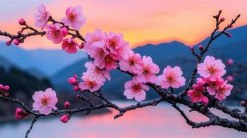 Stunning Pink Cherry Blossom Branch at Sunset Mountain Landscape Background photo