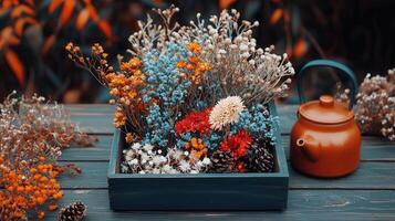 Dried Flower Arrangement in Rustic Box with Teapot Autumnal Colors Home Decor photo