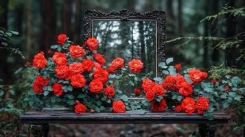 Ornate Mirror Reflecting Forest with Abundant Red Roses on Antique Table photo