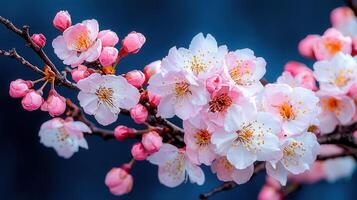 Stunning Close Up of Delicate Pink and White Cherry Blossoms in Full Bloom on Branch photo