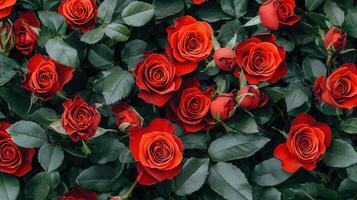 Lush Red Roses Blooming in a Vibrant Garden Close Up Floral Background photo