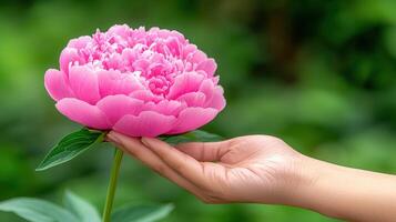 Pink Peony Flower in Hand Closeup Nature Botany Spring Bloom photo