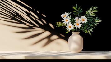 Elegant White Daisies in Cream Vase Botanical Still Life Soft Light Shadow photo