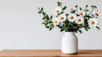 Elegant White Daisies in Speckled Vase Rustic Wooden Table Minimalist Home Decor photo