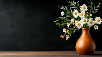 Elegant Daisies in Rustic Brown Vase Dark Background Floral Still Life Photography photo
