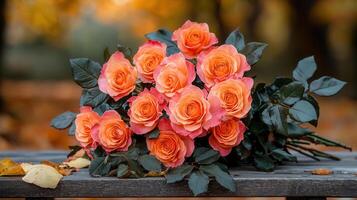 Stunning Bouquet of Peach Roses on Wooden Bench Autumn Background photo