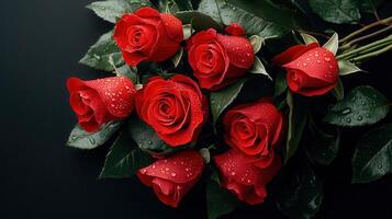 Exquisite Bouquet of Dew Kissed Red Roses on Black Background Romantic Floral Arrangement photo