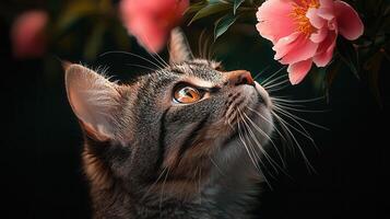 Adorable Tabby Kitten Sniffing Pink Flower in Garden Close Up Pet Portrait photo