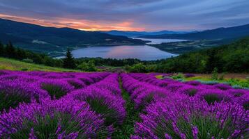 Serene Sunset Landscape Lavender Fields Overlooking a Calm Lake and Majestic Mountains photo