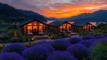 Scenic Lakeside Cabins at Sunset Lavender Fields Mountain View photo