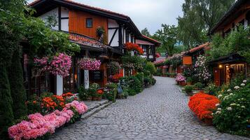 Charming Cobblestone Street with Flower Adorned Houses in a Picturesque Village photo
