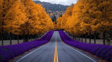 Scenic Autumn Road Lined with Lavender and Golden Trees photo