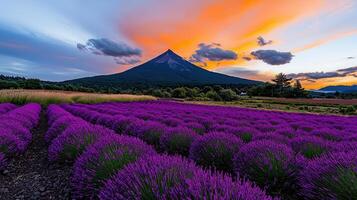 Vibrant Lavender Field at Sunset with Majestic Mountain View photo