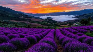 Vibrant Lavender Fields at Sunrise Rolling Hills and Misty Mountains Landscape photo