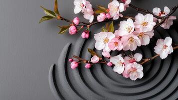 Serene Pink Blossom Branches on Gray Textured Zen Garden Background photo