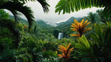 Lush Tropical Rainforest Waterfall Landscape with Vibrant Foliage and Misty Mountains photo