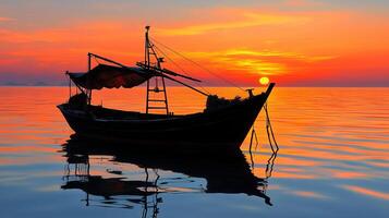 Serene Sunset Silhouette Fishing Boat at Golden Hour on Calm Ocean Waters photo