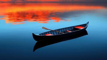 Serene Sunset Rowboat on Calm Water with Vibrant Sky Reflection photo