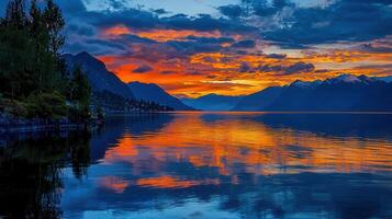 Stunning Sunset over Mountain Lake with Vibrant Sky Reflection photo