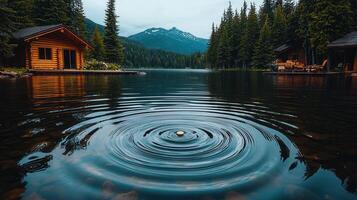 Serene Mountain Lake Cabin Retreat Concentric Ripples on Calm Water photo