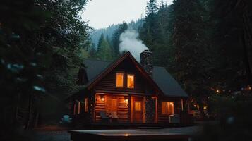 Cozy Log Cabin in a Dark Forest at Night with Warm Lights and Smoke from Chimney photo