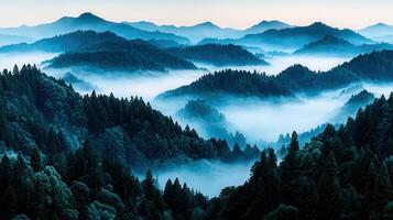 Serene Misty Mountain Landscape Rolling Hills Blue Fog Coniferous Forest photo