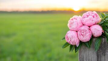 Romantic Pink Peonies Bouquet on Rustic Fence Post at Sunset Spring Flowers Meadow Background photo