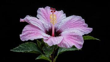 Stunning Pink Hibiscus Flower with Dew Drops Close up Macro Photography Isolated on Black Background photo