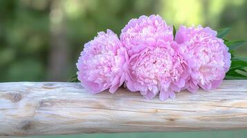 Three Pink Peonies on Rustic Wooden Log Spring Floral Arrangement Nature Photography photo