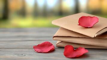 Romantic Kraft Paper Envelopes with Rose Petals on Wooden Table Outdoors Blurred Background photo