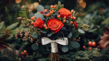 Stunning Autumnal Wedding Bouquet with Red Roses Berries and Greenery photo