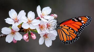 Vibrant Monarch Butterfly on Delicate Spring Cherry Blossoms in Bloom photo