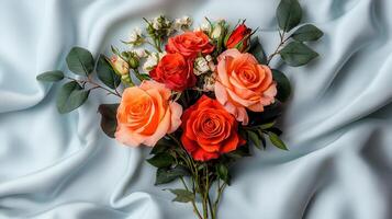 Elegant Bouquet of Orange and Red Roses on Soft Blue Silk Fabric photo