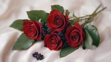 Elegant Bouquet of Deep Red Roses with Blackberries on Silk Fabric photo
