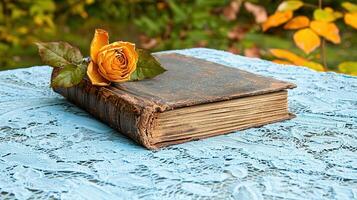 Antique Book with Dried Yellow Rose on Lacy Tablecloth Autumnal Background photo