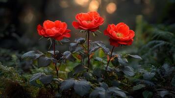 Three Vibrant Red Roses Blooming in a Lush Garden at Sunset photo