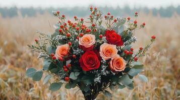 Romantic Autumnal Rose Bouquet in Field Red Peach Roses Floral Arrangement photo