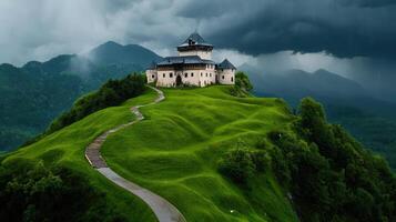 Majestic Castle on Verdant Hilltop Dramatic Stormy Sky Scenic Landscape photo