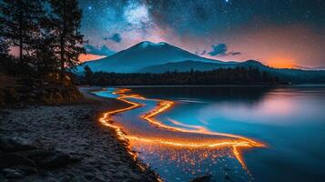 Magical Night Landscape Starry Sky Mountain Lake Glowing Shoreline photo