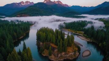 Serene Island River Valley Foggy Sunrise Mountain Aerial View photo