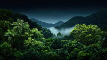 Lush Tropical Rainforest Landscape with Foggy Mountains and Palm Trees photo