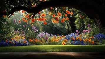 Vibrant Spring Garden Scene with Blooming Flowers Under Arching Tree Branches photo
