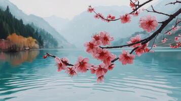 Serene Lakeside Spring Blossoms Peach Tree Branch Over Calm Water Mountain View photo