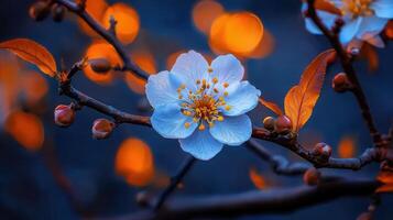Stunning Close Up of Delicate Light Blue Flower Blossom on Branch with Orange Bokeh Background photo