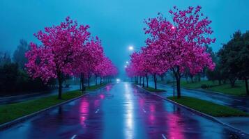 Serene Nighttime Street Scene Pink Blossoms Wet Road and Soft Lighting photo