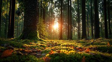 Serene Sunset in a Mossy Forest Golden Hour Sunlight Filtering Through Tall Trees photo