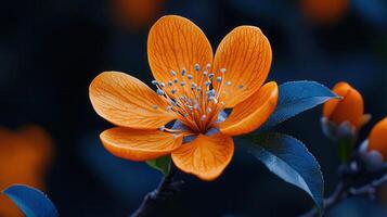 Vibrant Orange Quince Blossom Close Up Detailed Macro Photography of Flower photo