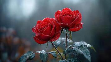 Two Dew Kissed Red Roses Blooming in a Garden Close Up View photo