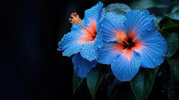 Stunning Blue Hibiscus Flowers with Dew Drops Close up Macro Photography photo
